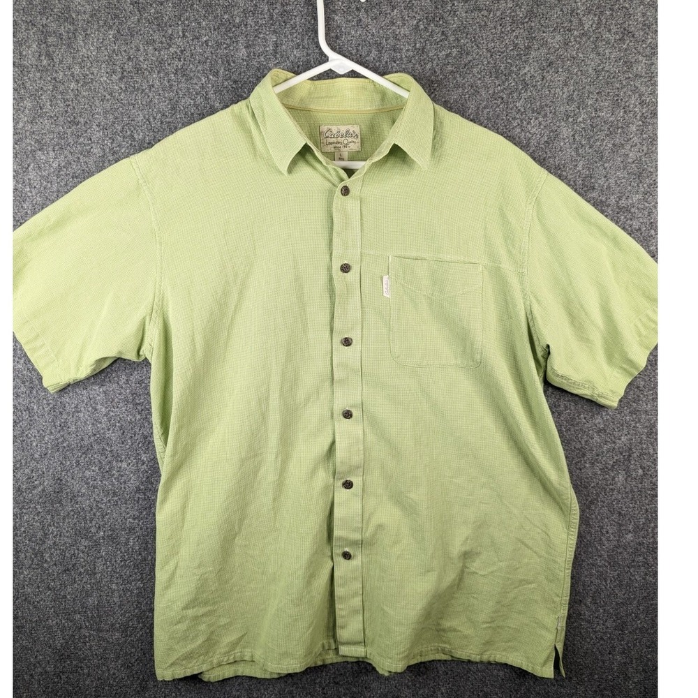 Cabelas Mens Large Lime Green Micro Check Short Sleeve Button Up Shirt Outdoor
